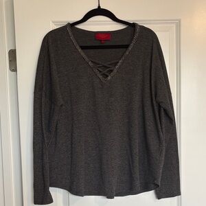 Jennifer Lopez Charcoal Gray Rhinestone V-Neck sweater size XL